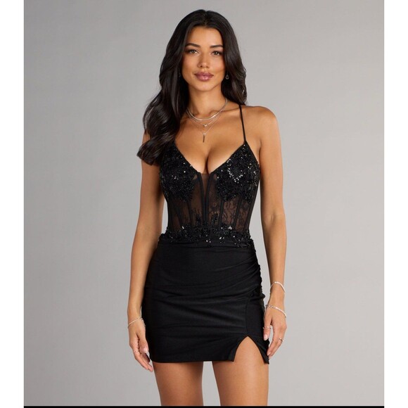 Windsor Millie Satin Sequin Lace-Up Mini Homecoming Formal Black Dress XS NEW - Picture 1 of 11